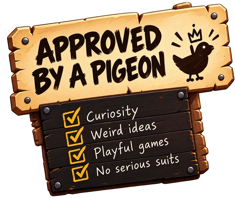 "Approved by a pigeon" sign with a checklist of curiosity, weird ideas, playful games and no serious suits